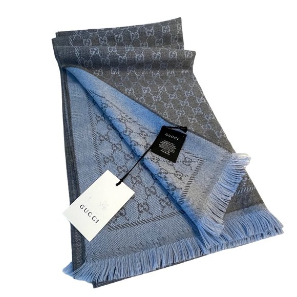 Gucci 411115 Gray and Blue 100% Wool GG Monogram Stencil Scarf - Picture 1 of 15